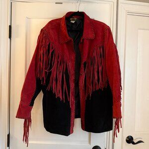 Vintage Bob Mackie Wearable Art Leather Fringe Western Jacket Red & Black